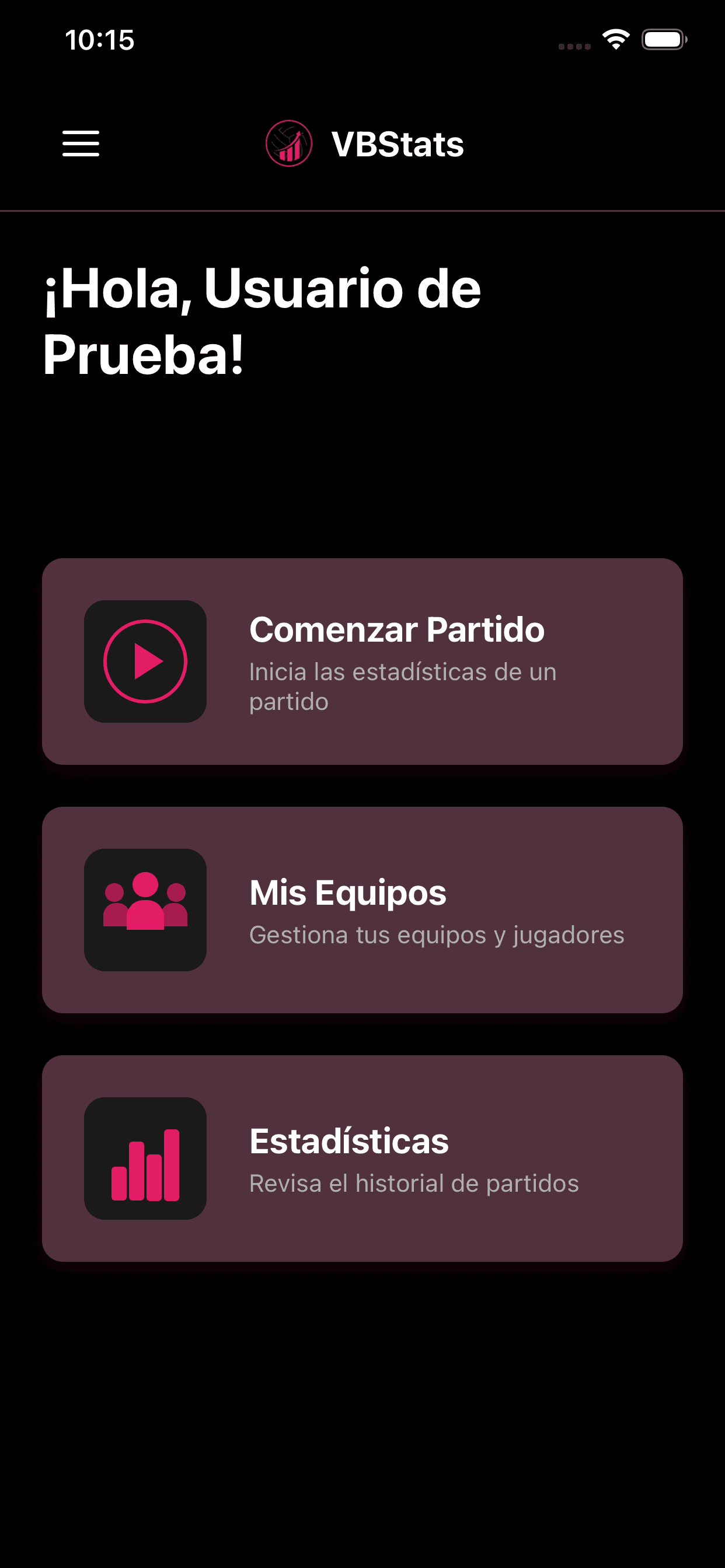 Pantalla principal de VBStats